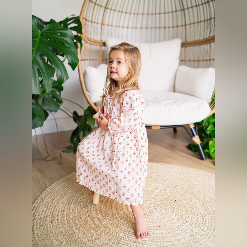 Mer St Barth Sara Girl's Coral Block Print Popover Dress